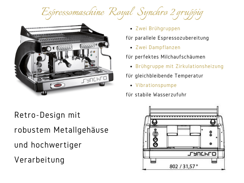 Espressomaschine „Royal Synchro“ mit zwei Brühgruppen im Retro-Design aus robustem Metallgehäuse. Abgebildet mit technischen Details und Maßen, Beschreibung der Funktionen wie zwei Dampflanzen, Brühgruppe mit Zirkulationsheizung und Vibrationspumpe für stabile Wasserzufuhr.