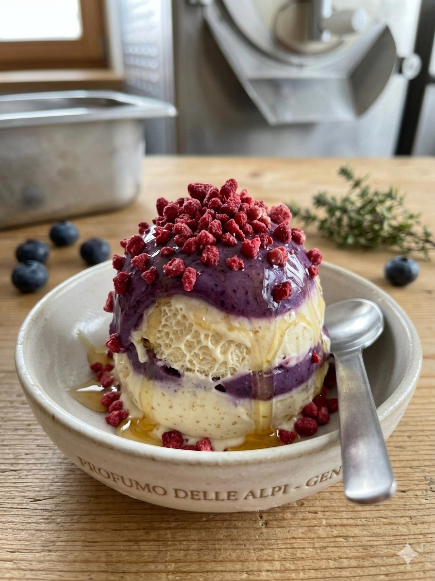 Reine Zutaten für Gentile „Profumo delle Alpi“ Eiscreme: Honig-Joghurt, Blaubeere und Himbeer-Crumble.
