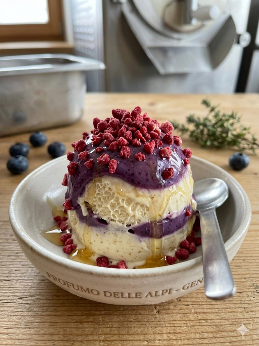 Reine Zutaten für Gentile „Profumo delle Alpi“ Eiscreme: Honig-Joghurt, Blaubeere und Himbeer-Crumble.
