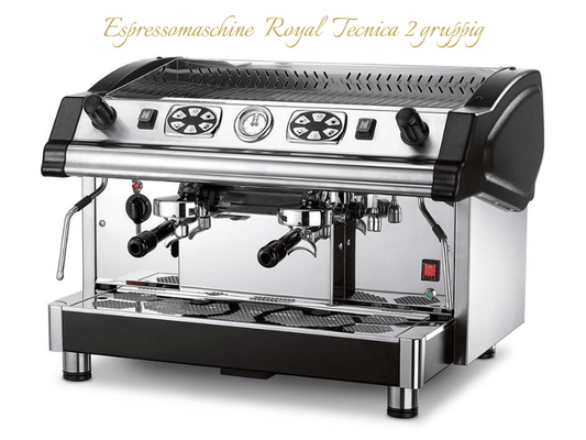 Professionelle Espressomaschine Royal Tecnica mit zwei Brühgruppen aus Edelstahl, ausgestattet mit Dampflanze, Heißwasserauslauf und Bedienfeld mit Drucktasten – ideal für den Einsatz in Gastronomie und Hotellerie.
