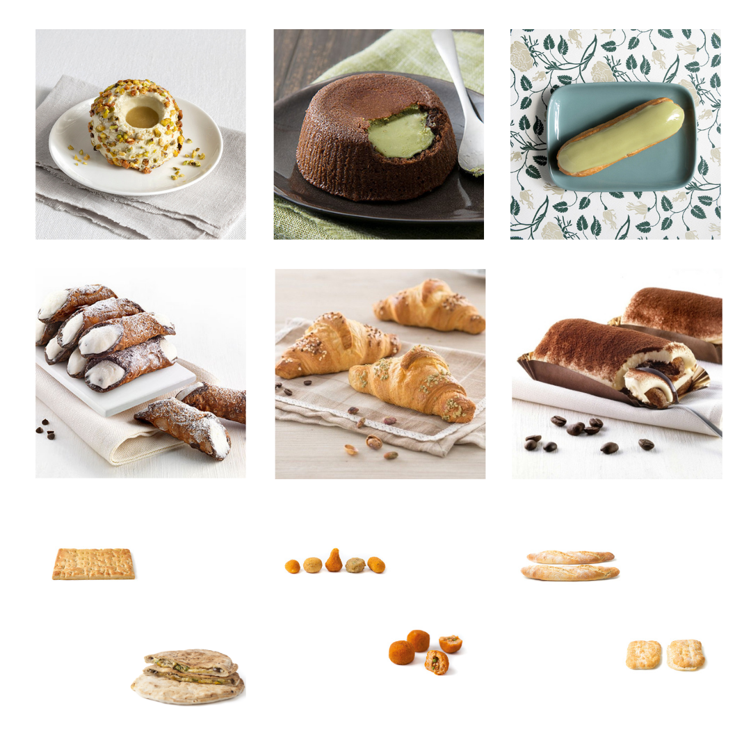 Bild mit Produkten von Bindi und Forno d'Asolo – vielfältige italienische Spezialitäten wie Croissants, Torten und verführerische Desserts.